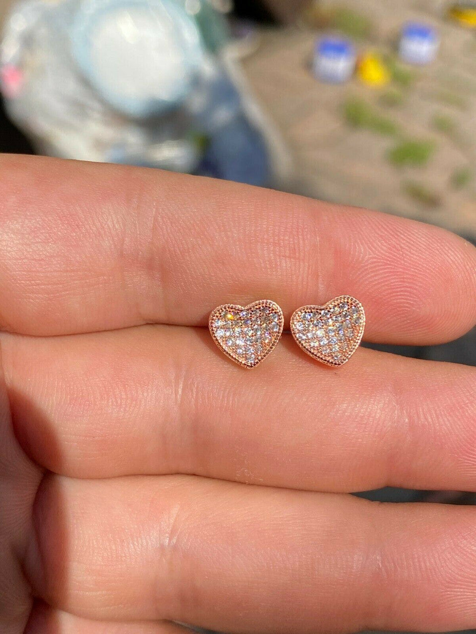 HarlemBling 14k Rose Gold Over Real 925 Silver Heart Shaped Earrings Diamond Studs Aretes