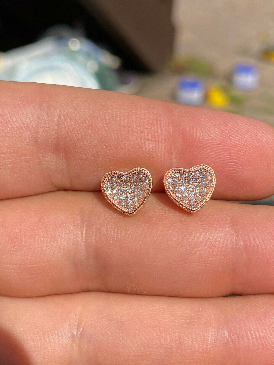 HarlemBling 14k Rose Gold Over Real 925 Silver Heart Shaped Earrings Diamond Studs Aretes