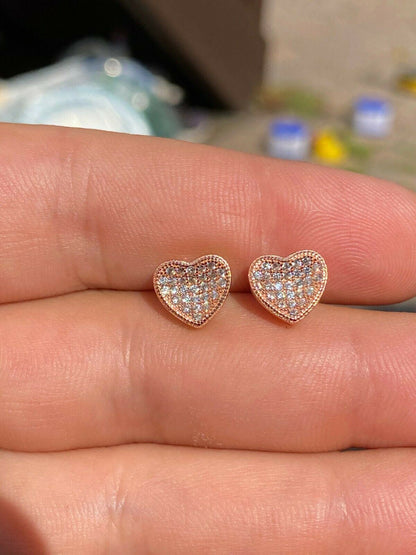 HarlemBling 14k Rose Gold Over Real 925 Silver Heart Shaped Earrings Diamond Studs Aretes