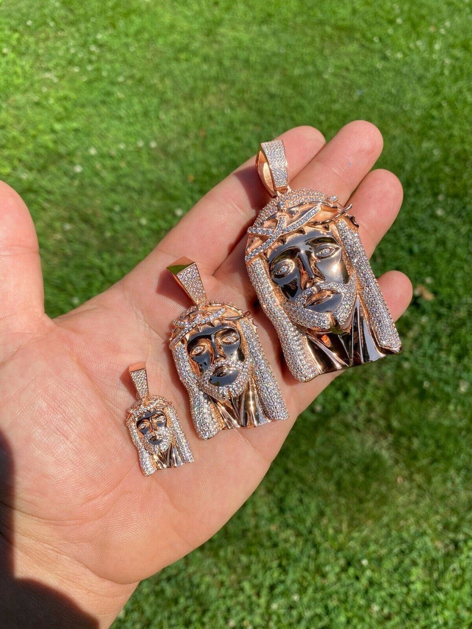 HarlemBling 14k Rose Gold Over Real 925 Silver Hip Hop Jesus Piece Pendant Iced Men Necklace