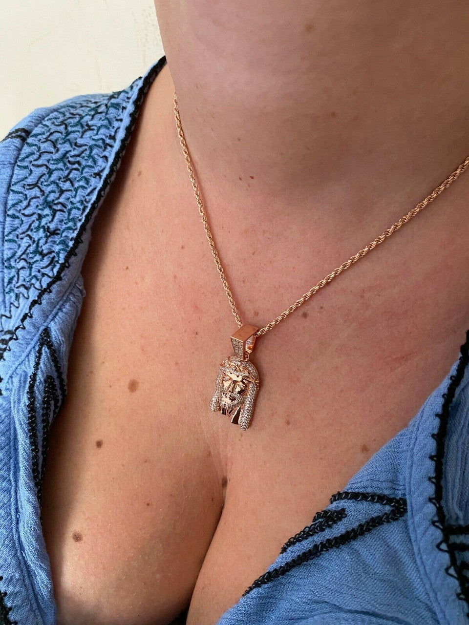 HarlemBling 14k Rose Gold Over Real 925 Silver Hip Hop Jesus Piece Pendant Iced Men Necklace