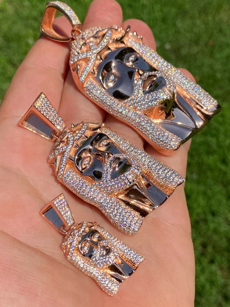 HarlemBling 14k Rose Gold Over Real 925 Silver Hip Hop Jesus Piece Pendant Iced Men Necklace