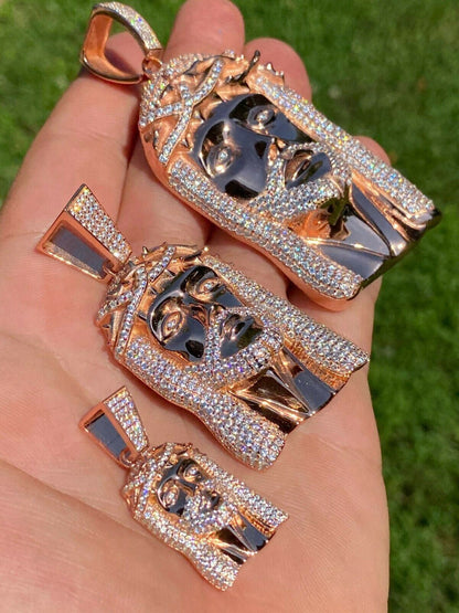 HarlemBling 14k Rose Gold Over Real 925 Silver Hip Hop Jesus Piece Pendant Iced Men Necklace