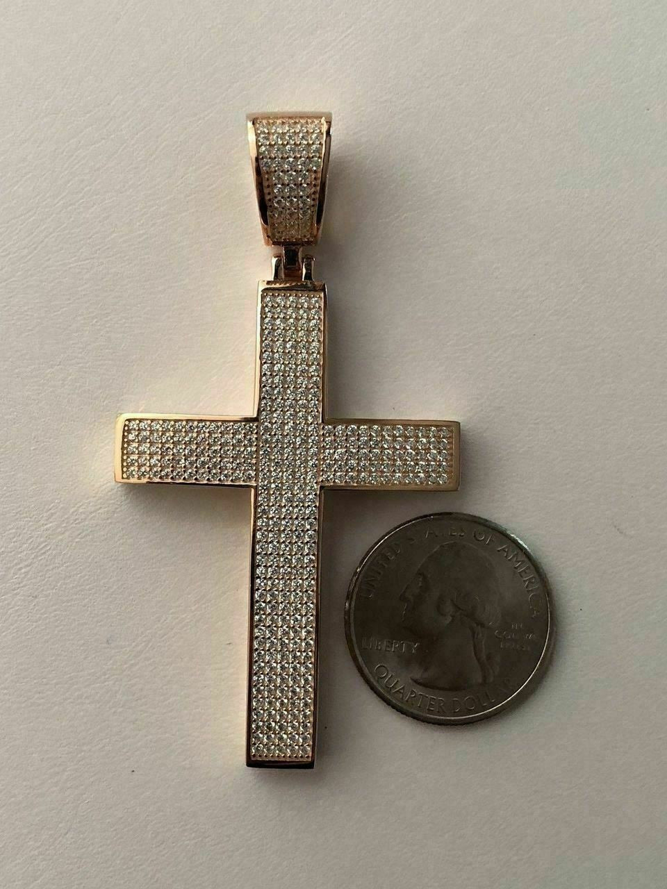 HarlemBling 14k Rose Gold Over Solid 925 Silver Mens Large Cross 3ct Diamonds 2x1.5 Hip Hop