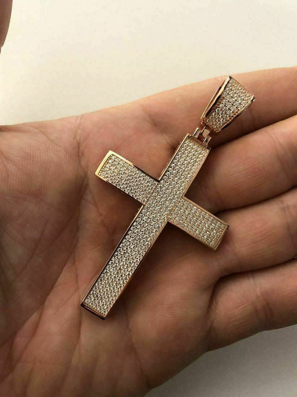 HarlemBling 14k Rose Gold Over Solid 925 Silver Mens Large Cross 3ct Diamonds 2x1.5 Hip Hop