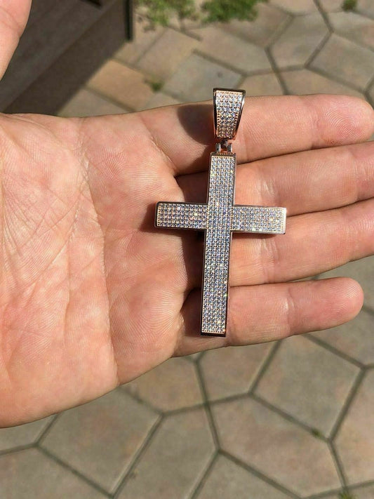 HarlemBling 14k Rose Gold Over Solid 925 Silver Mens Large Cross 3ct Diamonds 2x1.5 Hip Hop