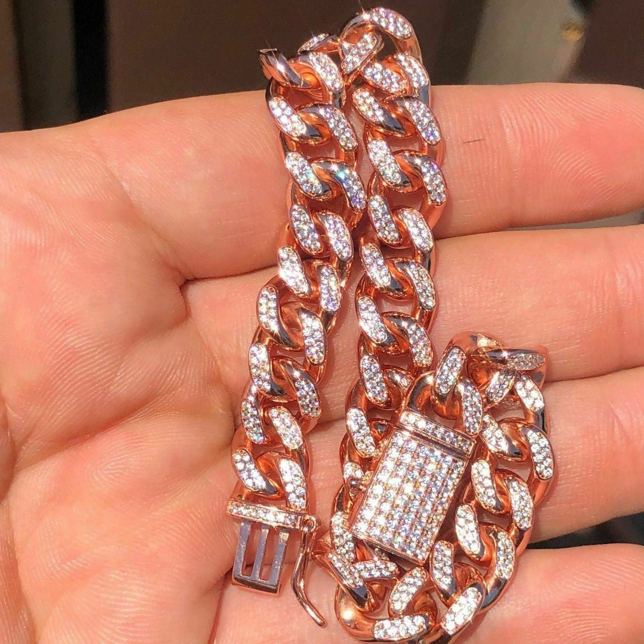 14k Rose Gold Over Solid 925 Silver Men's Miami Cuban Link Chain