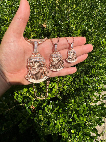 HarlemBling 14k Rose Gold Over Solid 925 Silver MOISSANITE Jesus Piece Iced Pendant Necklace