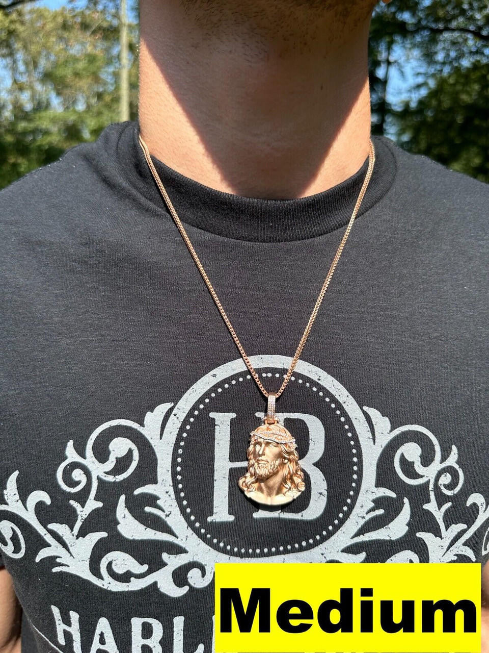 HarlemBling 14k Rose Gold Over Solid 925 Silver MOISSANITE Jesus Piece Iced Pendant Necklace