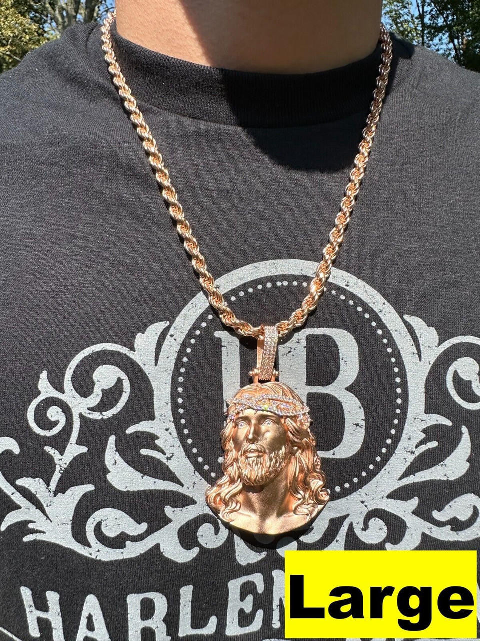 HarlemBling 14k Rose Gold Over Solid 925 Silver MOISSANITE Jesus Piece Iced Pendant Necklace