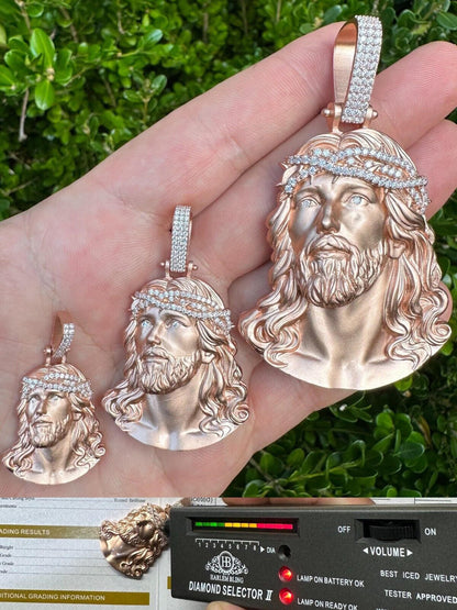 HarlemBling 14k Rose Gold Over Solid 925 Silver MOISSANITE Jesus Piece Iced Pendant Necklace