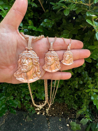 HarlemBling 14k Rose Gold Over Solid 925 Silver MOISSANITE Jesus Piece Iced Pendant Necklace