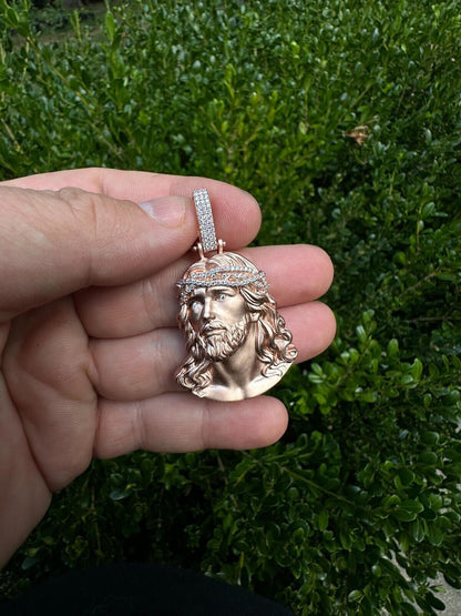 HarlemBling 14k Rose Gold Over Solid 925 Silver MOISSANITE Jesus Piece Iced Pendant Necklace