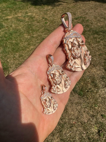 HarlemBling 14k Rose Gold Over Solid 925 Silver MOISSANITE Jesus Piece Iced Pendant Necklace
