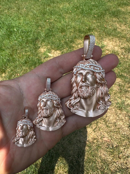 HarlemBling 14k Rose Gold Over Solid 925 Silver MOISSANITE Jesus Piece Iced Pendant Necklace
