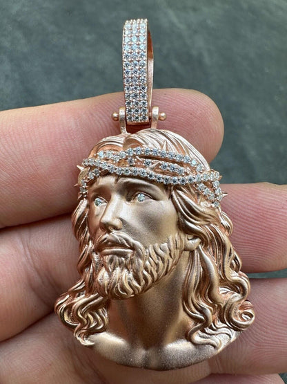 HarlemBling 14k Rose Gold Over Solid 925 Silver MOISSANITE Jesus Piece Iced Pendant Necklace