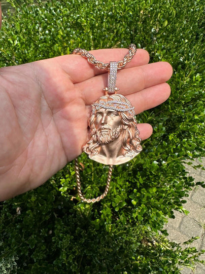 HarlemBling 14k Rose Gold Over Solid 925 Silver MOISSANITE Jesus Piece Iced Pendant Necklace