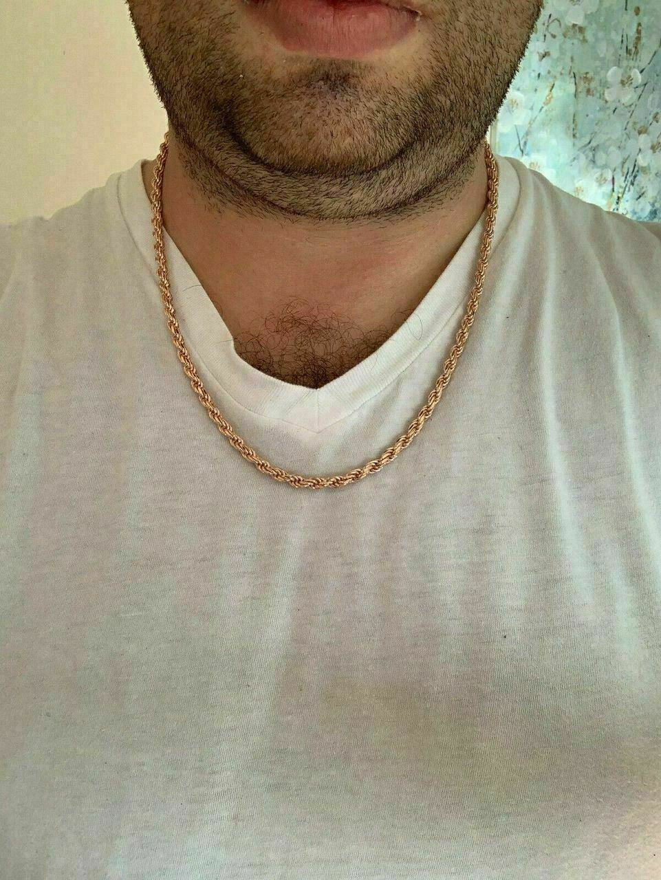 HarlemBling 14k Rose Gold Over Solid 925 Sterling Silver Mens Rope Chain Heavy 5mm ITALY