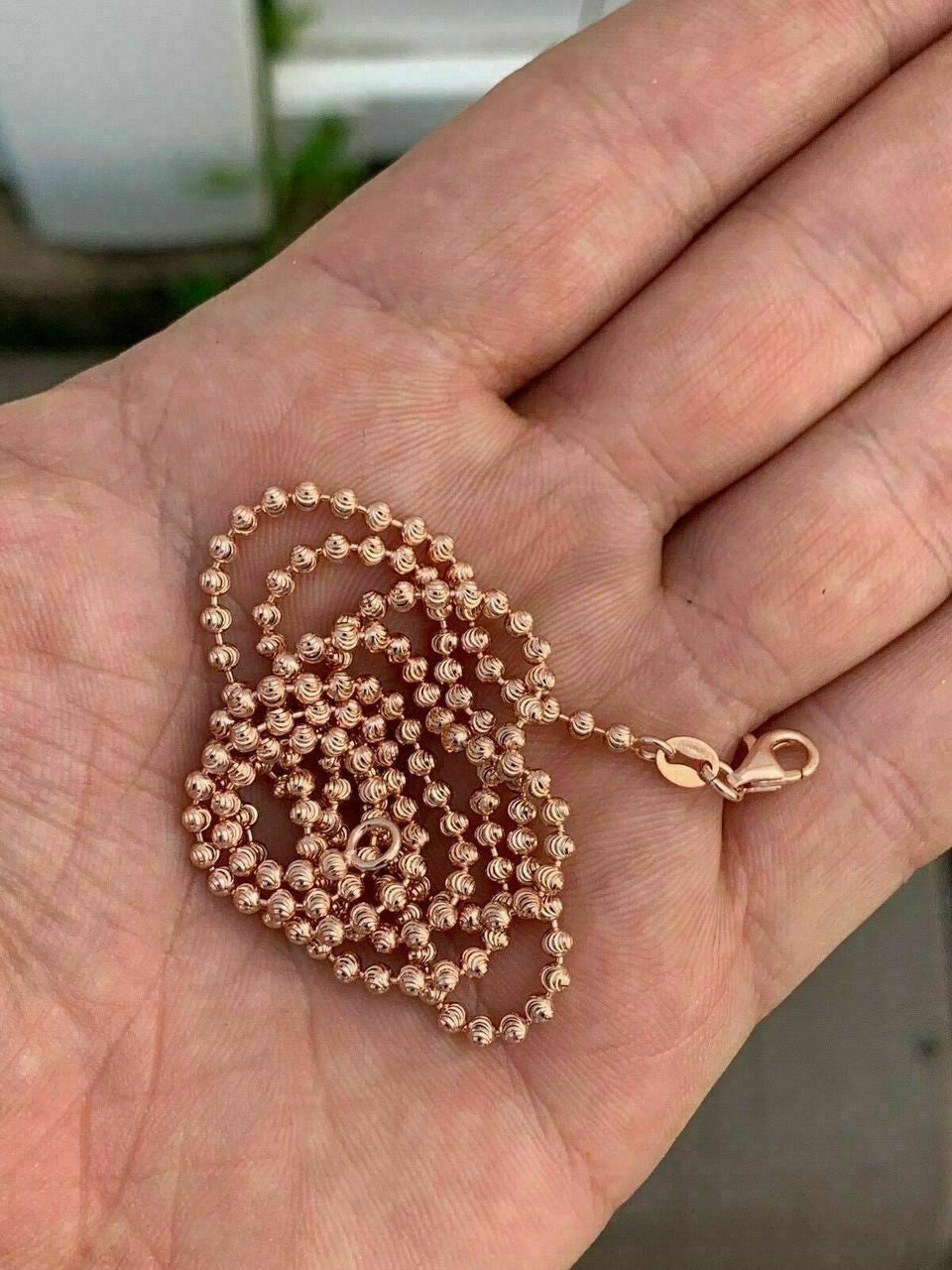 HarlemBling 14k Rose Gold Solid 925 Silver Ball Moon Diamond Cut Chain ITALY 2.5mm Necklace