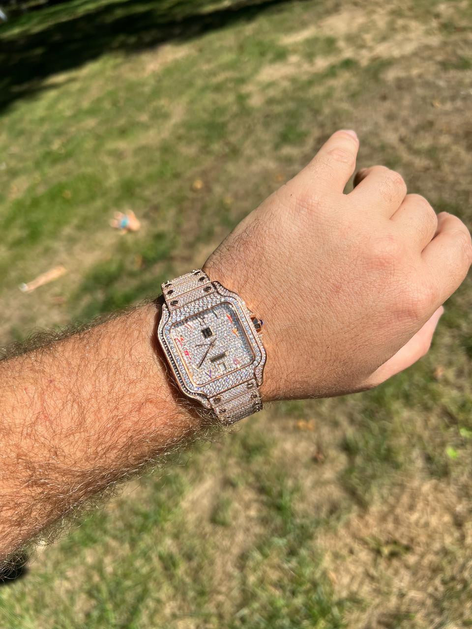 HarlemBling 14k Rose Gold Stainless Steel Mens Watch Iced Simulated Diamond Hip Hop  Arabic