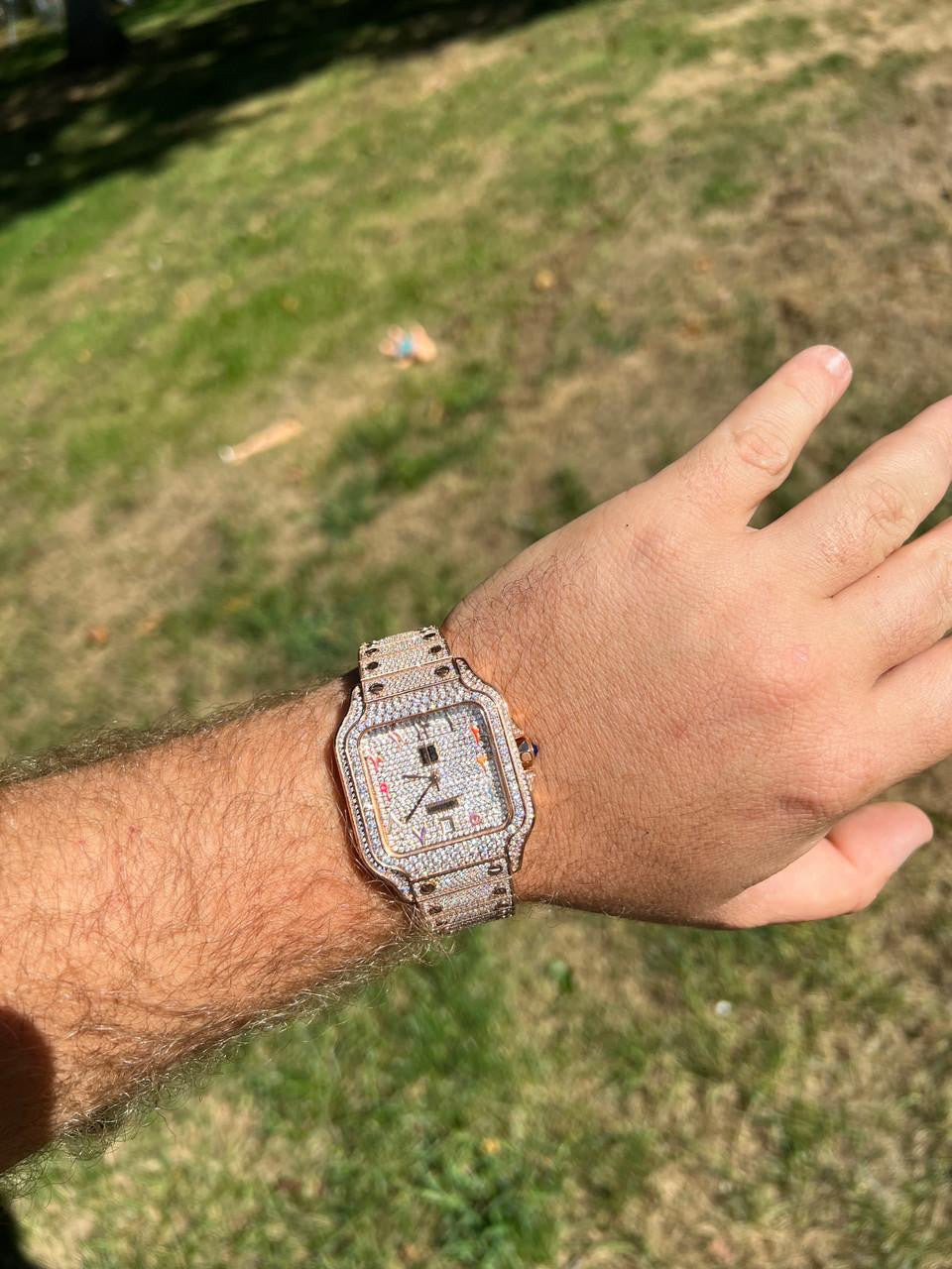 HarlemBling 14k Rose Gold Stainless Steel Mens Watch Iced Simulated Diamond Hip Hop  Arabic