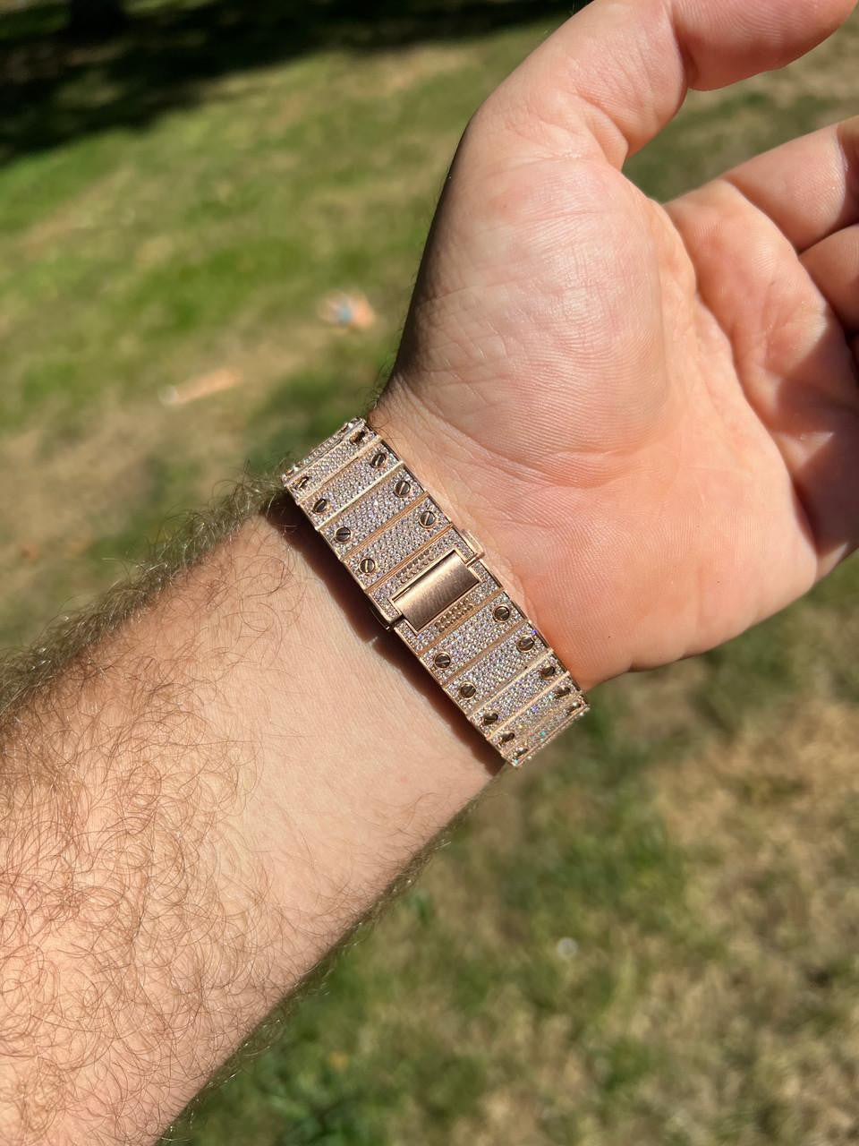 HarlemBling 14k Rose Gold Stainless Steel Mens Watch Iced Simulated Diamond Hip Hop  Arabic