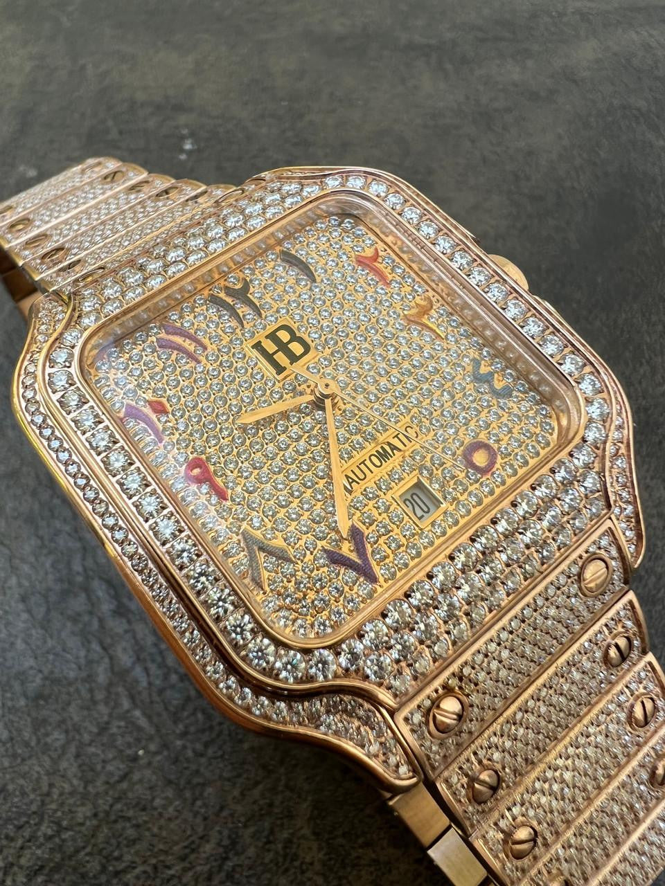 HarlemBling 14k Rose Gold Stainless Steel Mens Watch Iced Simulated Diamond Hip Hop  Arabic