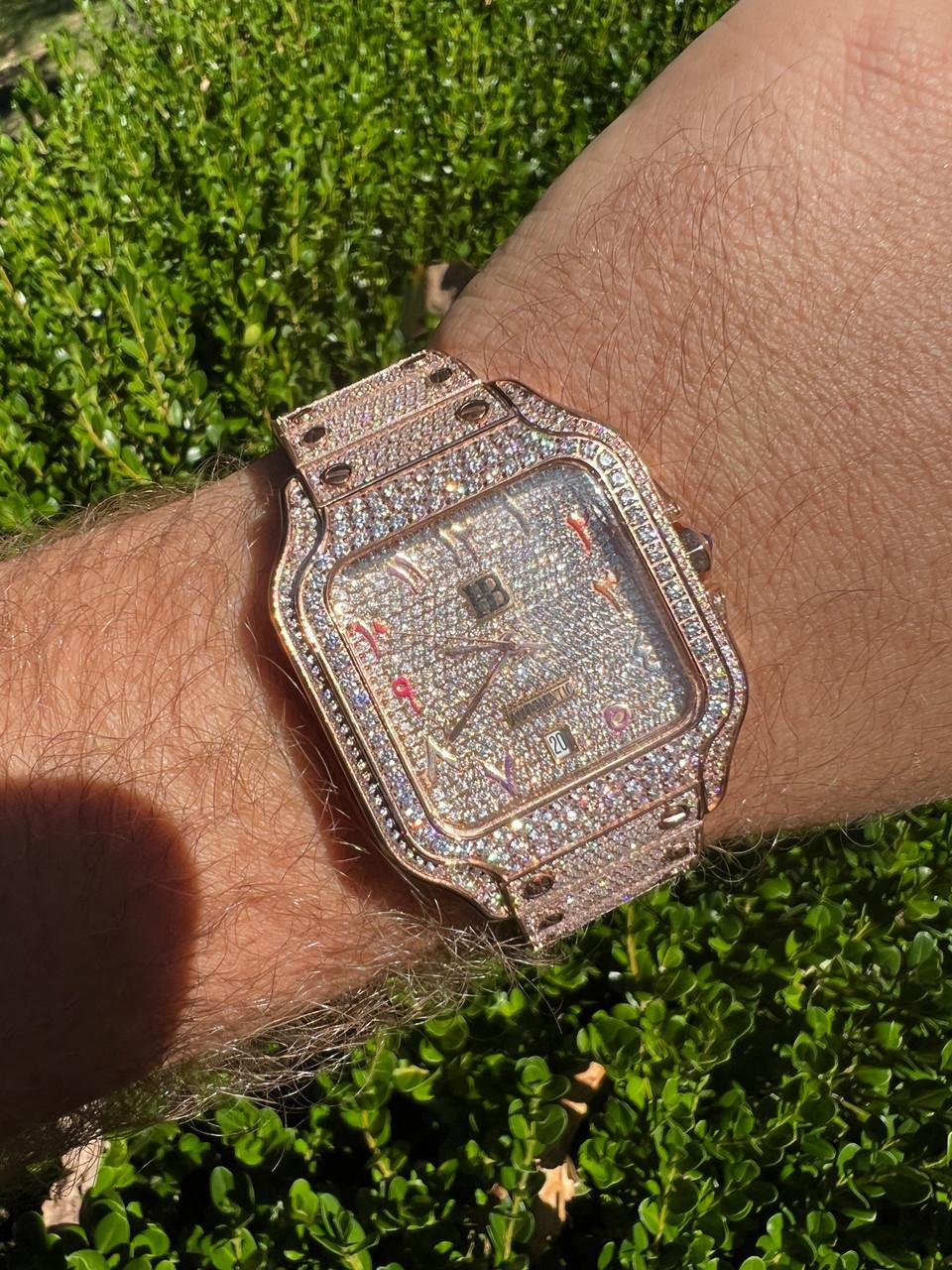 HarlemBling 14k Rose Gold Stainless Steel Mens Watch Iced Simulated Diamond Hip Hop  Arabic