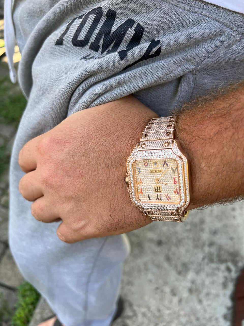 HarlemBling 14k Rose Gold Stainless Steel Mens Watch Iced Simulated Diamond Hip Hop  Arabic