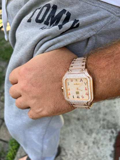 HarlemBling 14k Rose Gold Stainless Steel Mens Watch Iced Simulated Diamond Hip Hop  Arabic