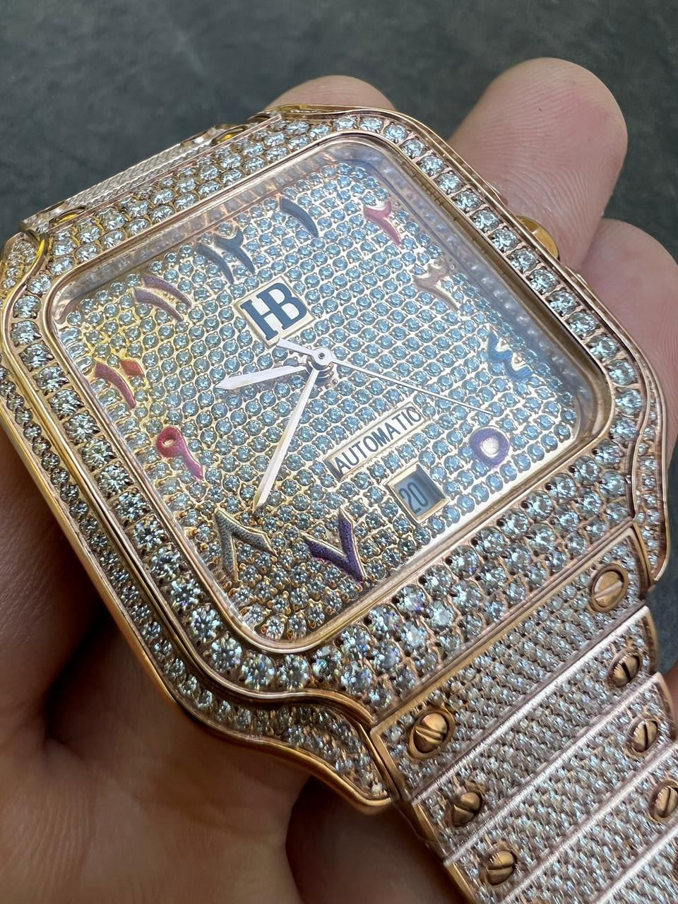 HarlemBling 14k Rose Gold Stainless Steel Mens Watch Iced Simulated Diamond Hip Hop  Arabic