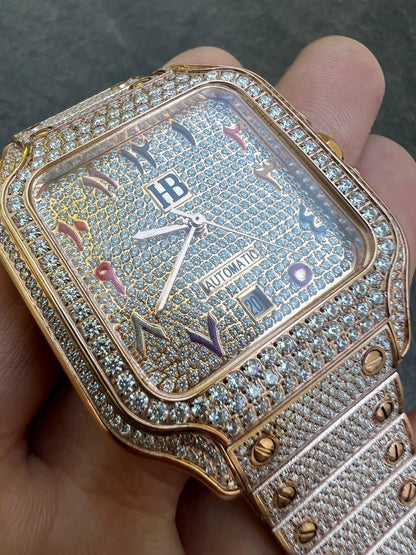 HarlemBling 14k Rose Gold Stainless Steel Mens Watch Iced Simulated Diamond Hip Hop  Arabic