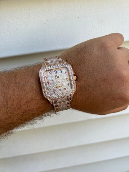 HarlemBling 14k Rose Gold Stainless Steel Mens Watch Iced Simulated Diamond Hip Hop  Arabic