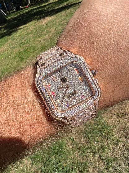 HarlemBling 14k Rose Gold Stainless Steel Mens Watch Iced Simulated Diamond Hip Hop  Arabic