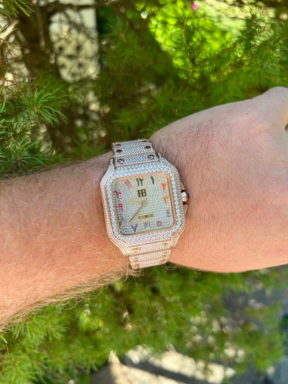 HarlemBling 14k Rose Gold Stainless Steel Mens Watch Iced Simulated Diamond Hip Hop  Arabic