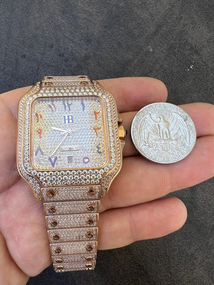 HarlemBling 14k Rose Gold Stainless Steel Mens Watch Iced Simulated Diamond Hip Hop  Arabic