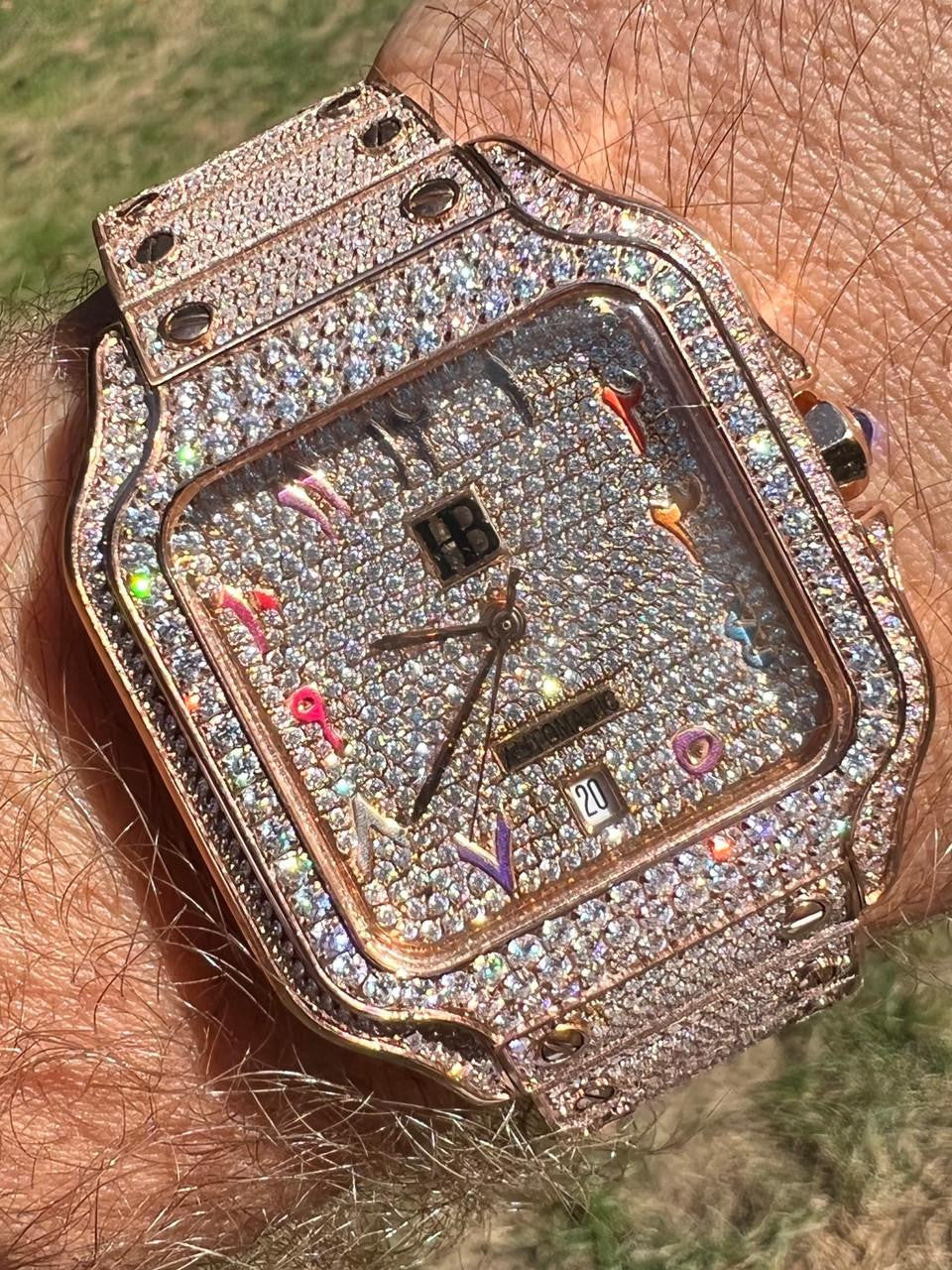 HarlemBling 14k Rose Gold Stainless Steel Mens Watch Iced Simulated Diamond Hip Hop  Arabic