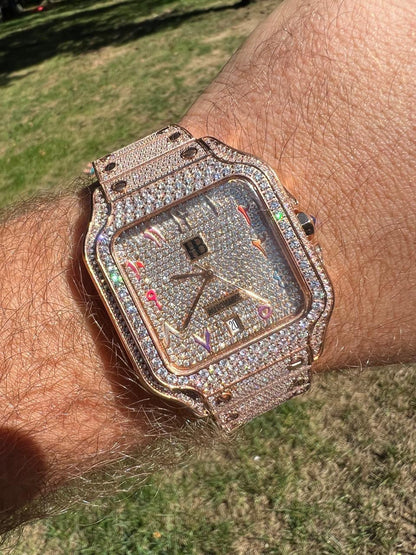 HarlemBling 14k Rose Gold Stainless Steel Mens Watch Iced Simulated Diamond Hip Hop  Arabic