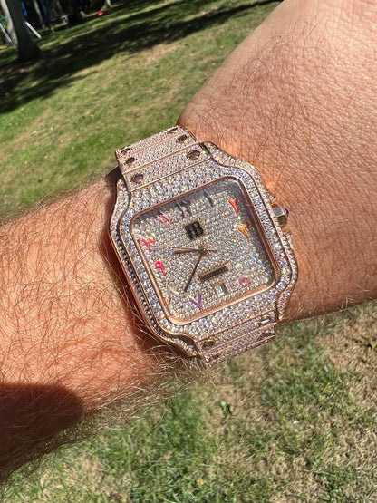 HarlemBling 14k Rose Gold Stainless Steel Mens Watch Iced Simulated Diamond Hip Hop  Arabic