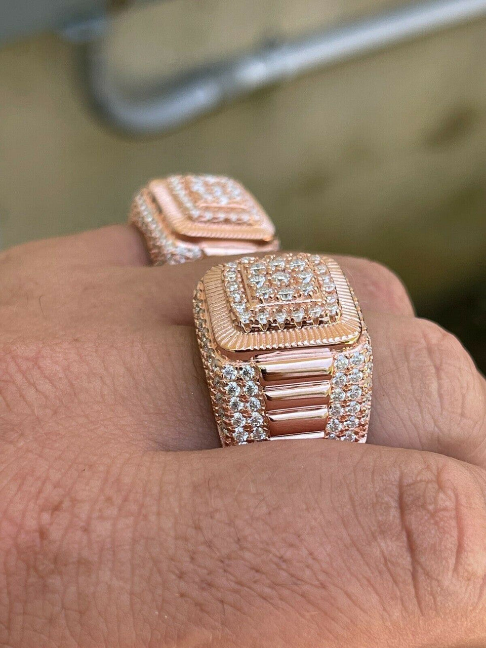 HarlemBling 14k Rose Gold Vermeil 925 Silver Mens Iced Moissanite Ring Pass Diamond Tester