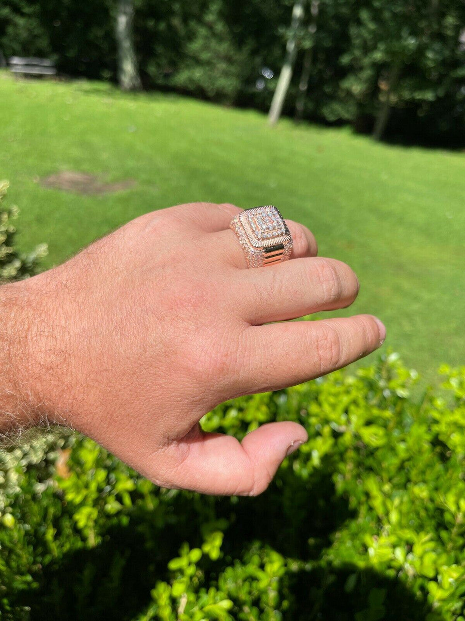 HarlemBling 14k Rose Gold Vermeil 925 Silver Mens Iced Moissanite Ring Pass Diamond Tester