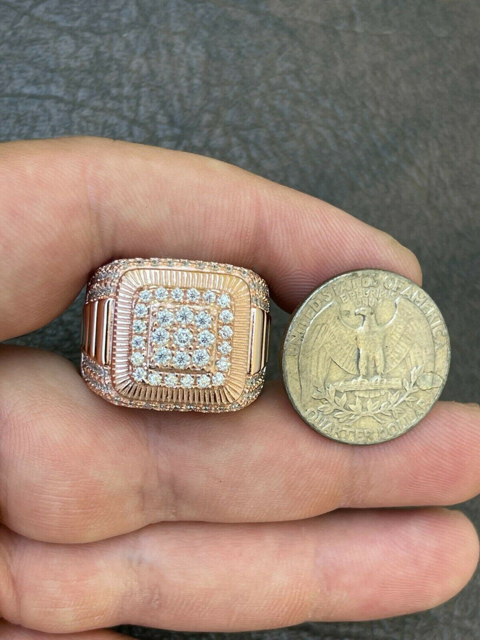 HarlemBling 14k Rose Gold Vermeil 925 Silver Mens Iced Moissanite Ring Pass Diamond Tester