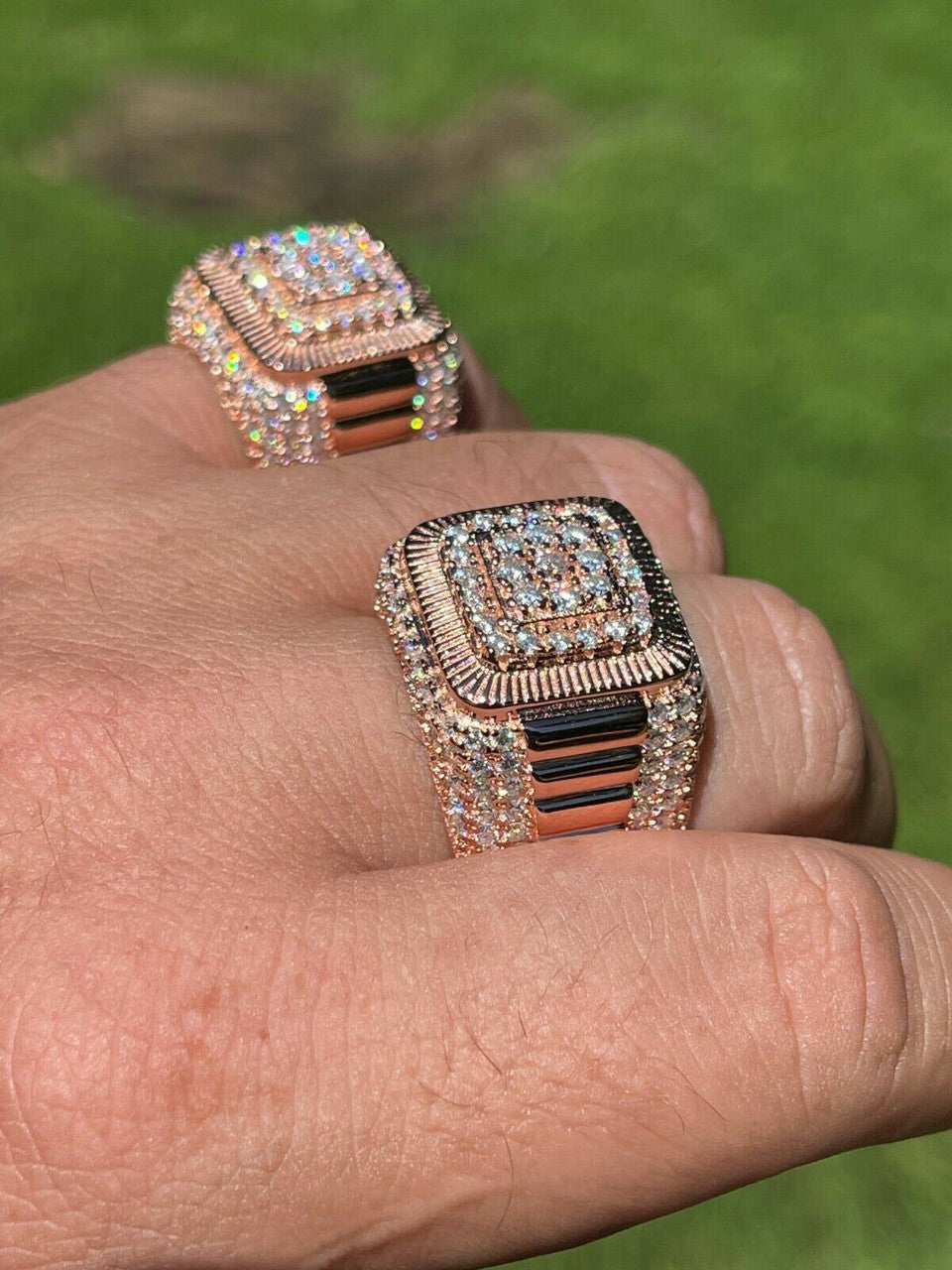 HarlemBling 14k Rose Gold Vermeil 925 Silver Mens Iced Moissanite Ring Pass Diamond Tester