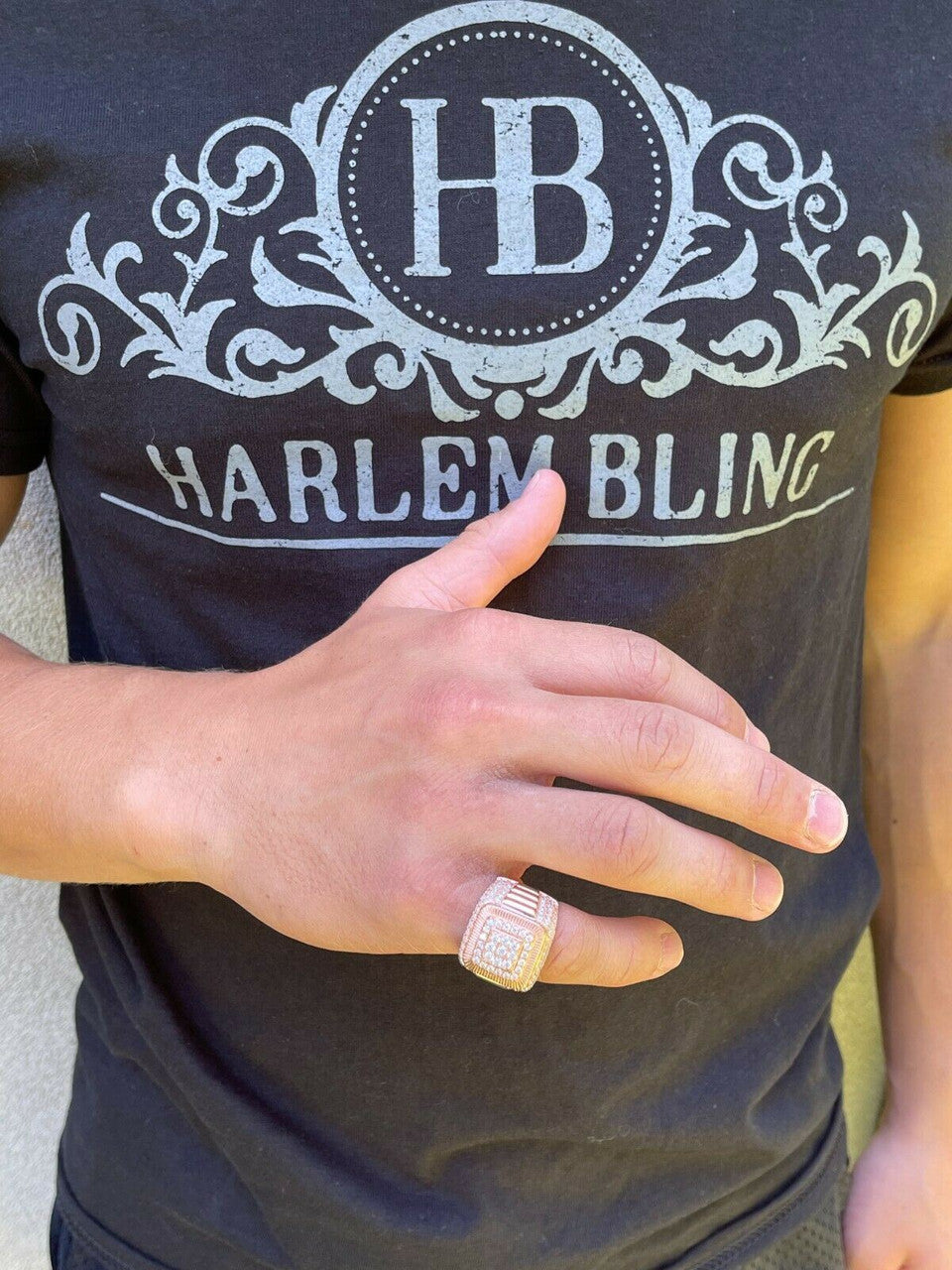 HarlemBling 14k Rose Gold Vermeil 925 Silver Mens Iced Moissanite Ring Pass Diamond Tester