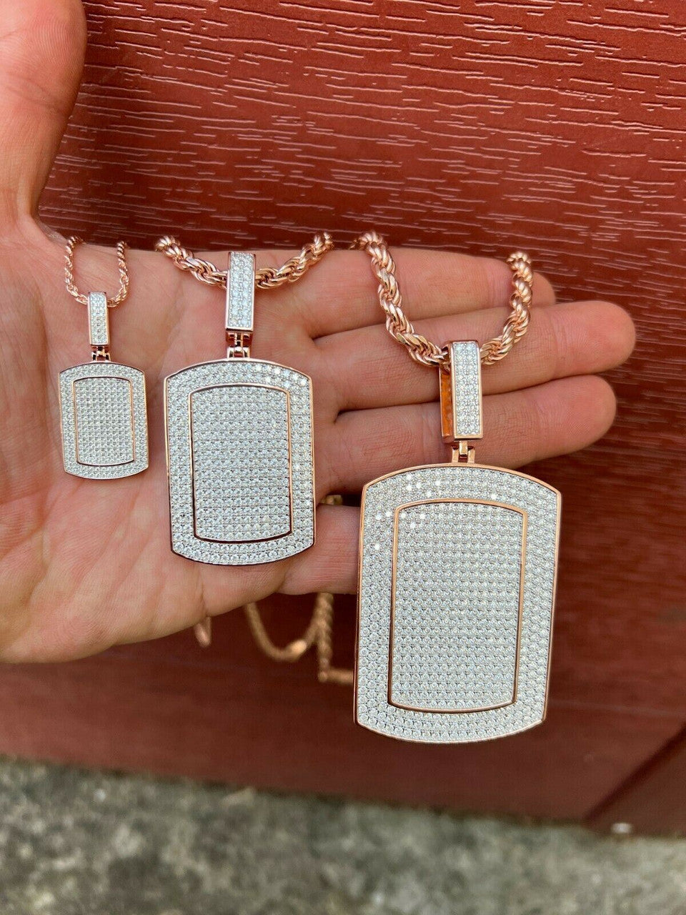 HarlemBling 14k Rose Gold Vermeil Silver Dog Tag Hip Hop Pendant Necklace - Out Iced Diamond