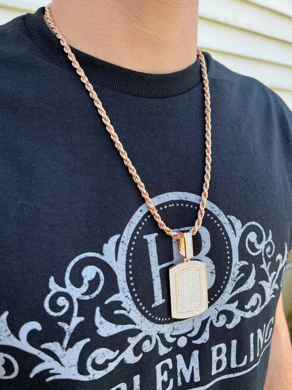 HarlemBling 14k Rose Gold Vermeil Silver Dog Tag Hip Hop Pendant Necklace - Out Iced Diamond