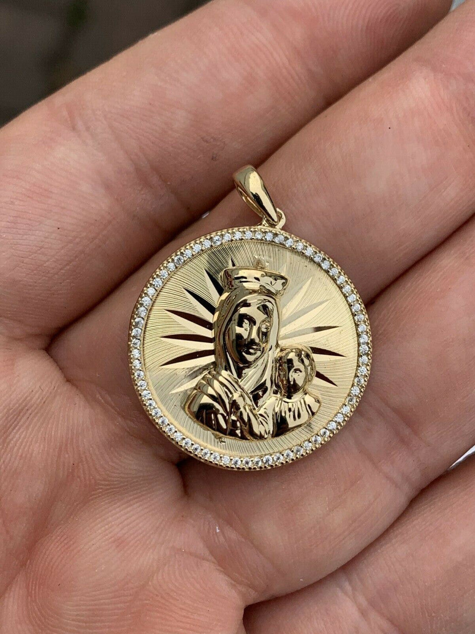 HarlemBling 14k Yellow Gold Over 925 Silver Virgin Mary Baby Jesus Coin Medallion Pendant