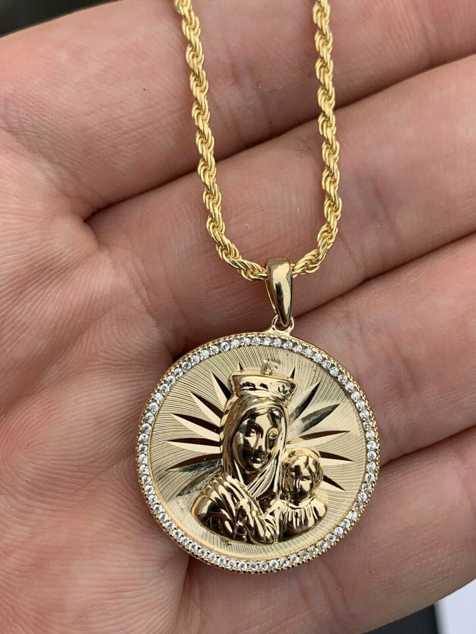 HarlemBling 14k Yellow Gold Over 925 Silver Virgin Mary Baby Jesus Coin Medallion Pendant