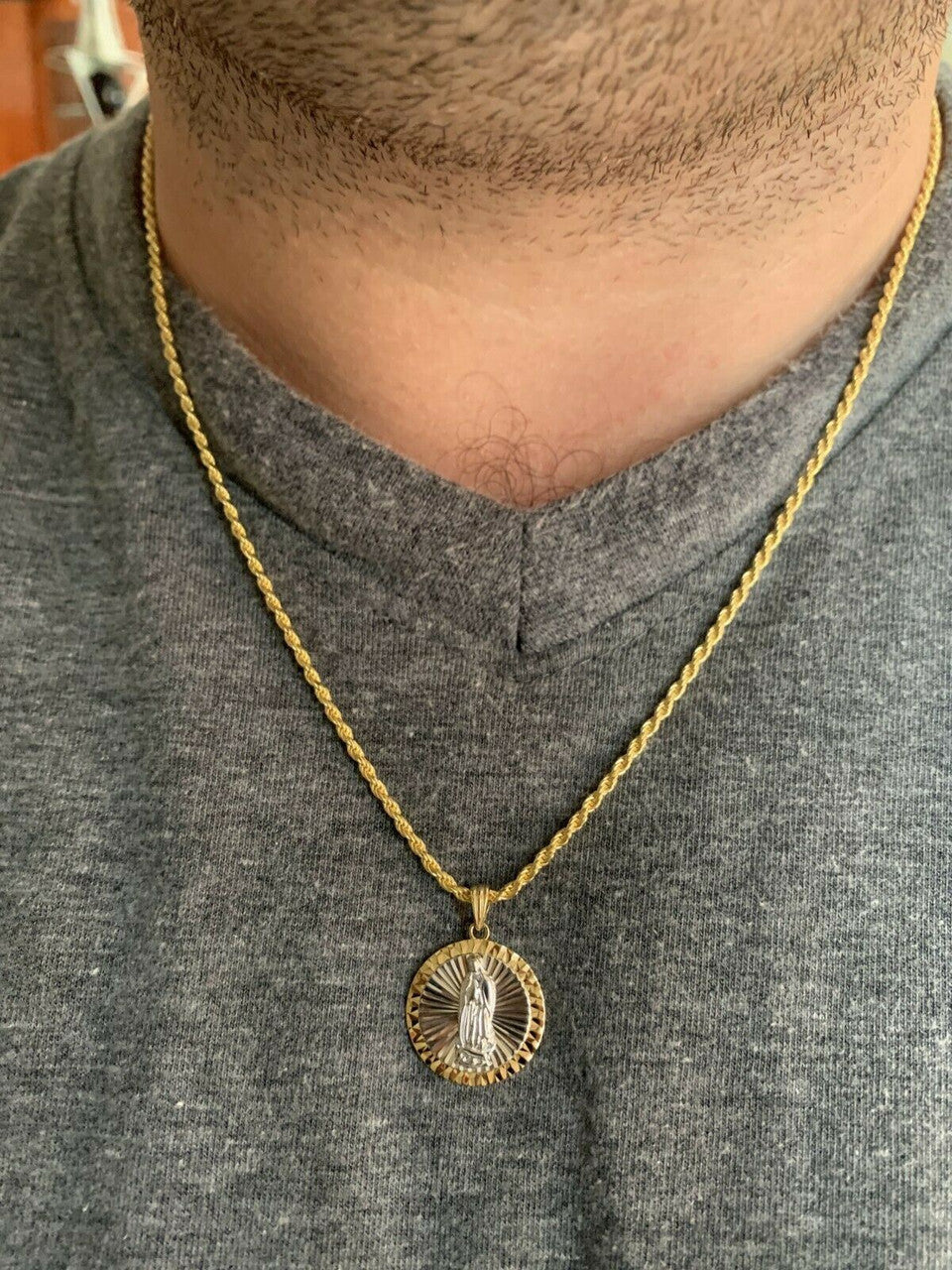 HarlemBling 14k Yellow Gold Over 925 Sterling Silver Virgin Mary Guadalupe Medallion Pendant