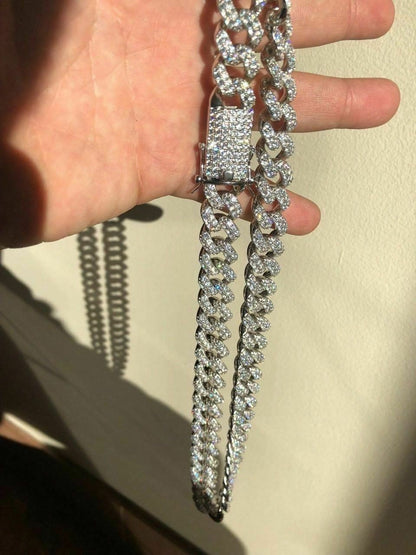 HarlemBling 15mm Mens Miami Silver Diamond Cuban Link Chain Real Solid 925 Sterling Silver